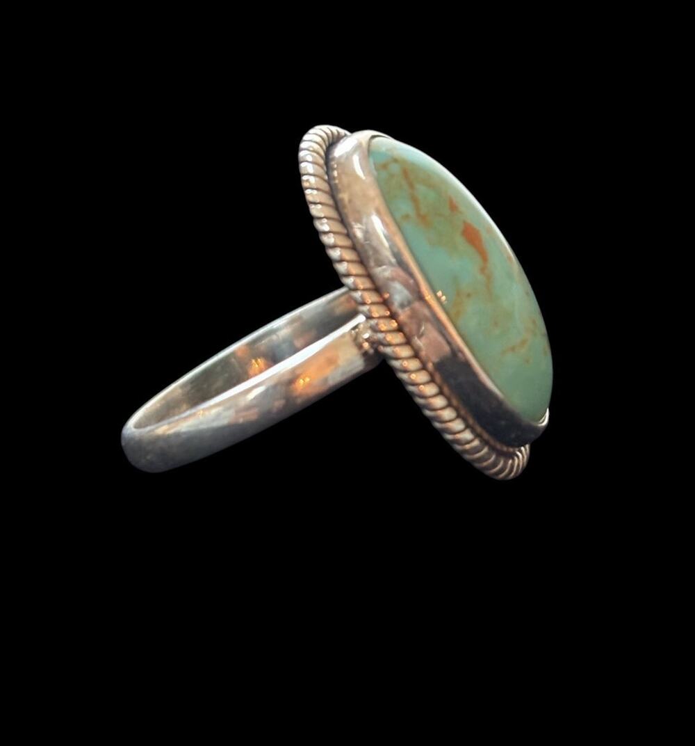 Vintage 925 Sterling Silver Blue Green Turquoise Brown Matrix Rope Bezel Ring 6W